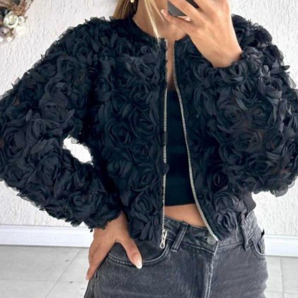 ZARA STRUCTURED FABRIC Flowers Bomber JACKET